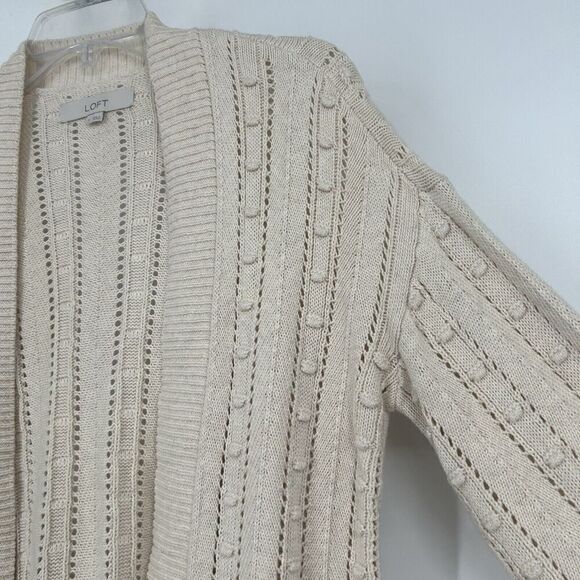 LOFT Bobble Cardigan Beige Open Front Long Balloon Sleeves Open Knit Size S - Picture 4 of 11